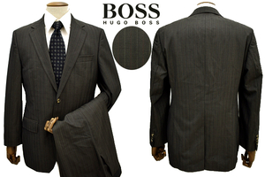 U-346★HUGO BOSS ヒューゴボス STYLE THE JAM/SHARP★通年 チャコールモカ ストライプ ジャケット パンツ 上下セット スーツ 046