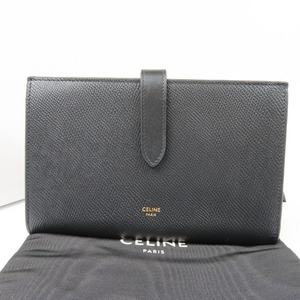 100560CELINE セリーヌ 新品同様美品 ラージ ストラップ ロゴ 長財布 レザー ブラック レディース