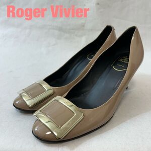 C0081★9 高級 ROGER VIVIER ロジェヴィヴィエ ブランド ロゴ 金具 レザー レディース ヒール パンプス シューズ 37 アッシュ 金