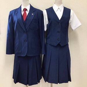 O43/L(中古)埼玉県 朝霞第四中学校 女子制服8点 /校章/5/150/160/W66/ブレザー/ベスト/吊りスカート/ネクタイ/青紺/学生服/卒業生品