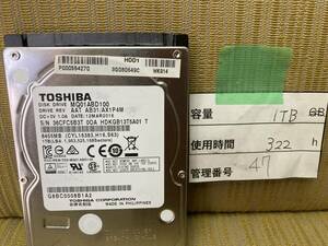 1TB 中古ハードディスクHDD 2.5インチ TOSHIBA:MQ01ABD100 使用時間:322 h 【管理番号】47