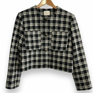 美品 22AW Demi-Luxe BEAMS ビームス チェックツイードメタルボタンジャケット ノーカラージャケット 36 ブラック×ホワイト