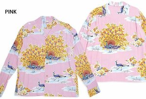 レーヨン長袖アロハシャツ「PIKAKE」◆SUN SURF ピンクXLサイズ SS29204 サンサーフ 和柄 和風 ハワイアン 孔雀 日本製