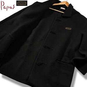 美品/XLサイズ●Papas パパス ウール100% ダッフルコート ジャケット アウター メンズ トグルロゴ刻印 胸元ロゴワッペン 黒 ブラック