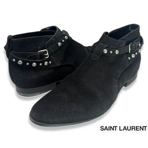 ▲ 7 正規品 SAINT LAURENT サンローラン パリ 375689 スエード レザー チェルシーブーツ スタッズ ベルト ショート boots ブラック 43