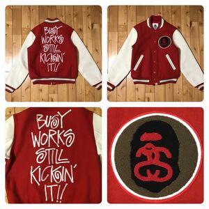 STUSSY × BAPE 袖レザー スタジャン Mサイズ Red a bathing ape BAPE leather varsity jacket エイプ ベイプ アベイシングエイプ sa8665