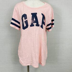 【1107】レディース GAP ギャップ ロングTシャツ ビッグロゴ 半袖 ライン ピンク Lサイズ コットン カジュアル