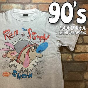 ★90s USA製★1991コピーライト入り★【Ren&Stimpy レンとスティンピー】GOODプリント 半袖 Tシャツ【XL】ライトグレー MTV 刺激的 K3-455