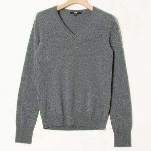 UNIQLO ユニクロ カシミヤ100％ Vネック長袖セーター 長袖ニット トップス 定番 ベーシック シンプル 灰色 グレー S レディース 女性