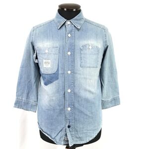 リベットアンドサージ/rivet & surge★特徴色落ち/七分袖/デニムシャツ【メンズF/水色/light blue】シャンブレー/Tops/Shirts◆BH884