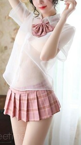 2614 1円スタート ピンク チェック シースルー ブレザー セット セーラー服 マイクロミニ セクシー キュート