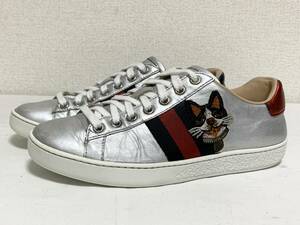 希少 美品 グッチ GUCCI 501908 ACE エース エンブロイダリー シェリー 猫犬刺繍 レザー スニーカー 靴 36 22.5～23㎝ レディース シルバー