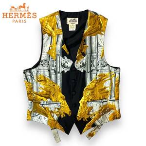 【美品】HERMES エルメス ヴィンテージ シルク ベスト ジレ バルトルディの泉 神 馬 ゴールド ネイビー 50サイズ フランス製