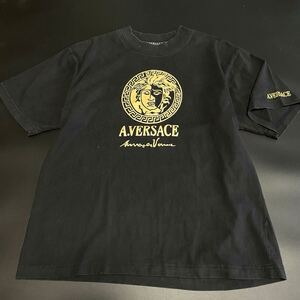 【高級/黒金/メドゥーサ】A.VERSACE/ヴェルサーチ ブラック デカロゴ コットン素材 半袖 Tシャツ カットソー L表記XXLサイズ相当