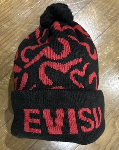 ＊エヴィス EVISU カモメ 総柄 ロゴ ボンボン付 ニット帽　　　　　　　　　　　　　　　　　 BJBD.I