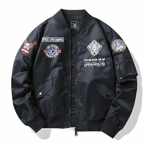 4XL ブラック MA-1 ミリタリージャケット フライトジャケット メンズ ワッペン付き 撥水加工 防風 リブ 秋冬