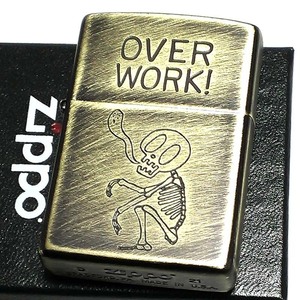 ZIPPO ライター スカル 可愛い ユーズドフィニッシュ OVER WORK ジッポ 彫刻 ブラス シンプル アンティークゴールド かっこいい