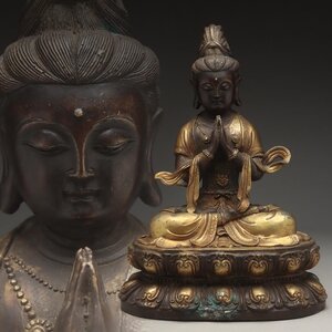 UU459 時代仏教美術 西蔵 チベット 銅鍍金「観音菩薩坐像」高35.7cm 重6.1kg「觀音菩薩像」