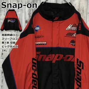 Snap-on スナップオン 両面刺繍ロゴ ビッグロゴ 黒×赤 切替 3XL ビッグサイズ ナイロン レーシングジャケット ブルゾン ジャンバー 90s.