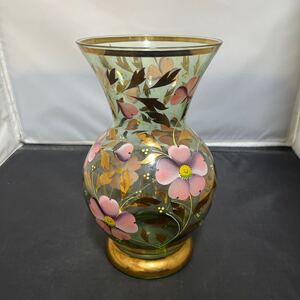 花瓶 フラワーベース 金彩 花器 花柄 ガラス グリーン 硝子細工 高さ23cm