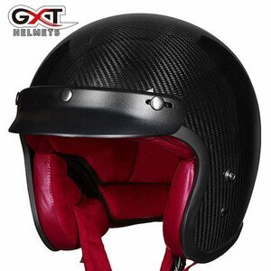 新作GXTハーフヘルメット良質羊革ジェットヘルメット バイザー付きインナーカーボンファイバー艶あり黒Ｍ－２ＸＬ