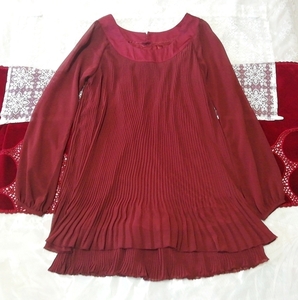 赤ワインレッドプリーツシフォン長袖チュニック ネグリジェ ワンピース Red wine red pleated chiffon long sleeve tunic negligee dress