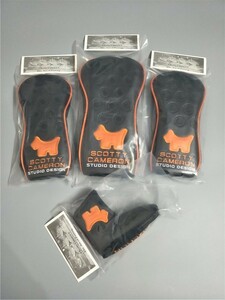 スコッティキャメロン★ウッド用カバー1W・3W・5W &パター用 4点セット★黒×（オレンジDOG）