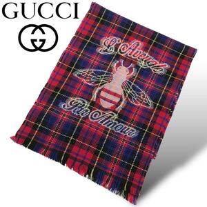 t88 美品 GUCCI グッチ ウール BEE ビーモチーフ ロング マフラー レディース チェック柄 ストール 蜂 毛100% イタリア製 正規品 