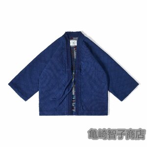 手作り 刺し子 藍染め カバーオール 19oz 綿100% 羽織 ワークジャケット ゆったり 半纏 法被 褞袍 インディゴ パッチワーク 秋冬服 厚手 Ｍ