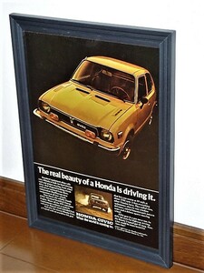 1975年 USA 70s vintage 洋書雑誌広告 額装品 Honda Civic ホンダ シビック /検索用 店舗 ガレージ ディスプレイ 看板 サイン 装飾(A4size)