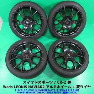 CR-Z スイフトスポーツ 195/45R17 夏タイヤ 40%-50%山 ブリヂストン POTENZA RE003 4本 5穴PCD114.3 7J +47 Weds レオニス NAVIA 中古新潟