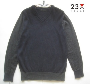 美品日本製!!23区オム 23区HOMME*Vネックウールニットセーター 46 実寸M 紺×グレー オンワード樫山