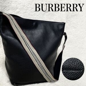 美品 希少 BURBERRY バケツ オールレザー ショルダーバッグ ストライプ バーバリー 斜め掛け クロスボディ 黒 ブラック ロゴ型押し