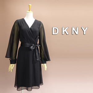 新品 DKNY 16/21号 ダナキャラン 黒 シフォン ワンピース パーティドレス ブラック 長袖 大きいサイズ 結婚式 二次会 フォーマル 葵23X1703