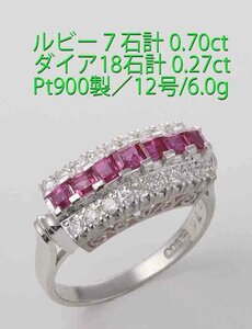 ☆＊綺麗！ルビー7石計0.70ct+ダイアのPt900製12号リング・6.0g/IP-6639