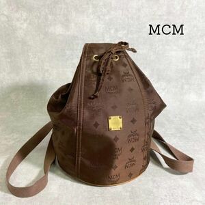 1円スタート　MCM ナイロンリュックサック ブラウン 巾着 総柄