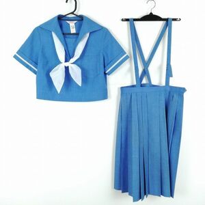 1円 セーラー服 スカート スカーフ 上下3点セット 夏物 女子 学生服 熊本植木北中学 水色 制服 中古 ランクC NA9147