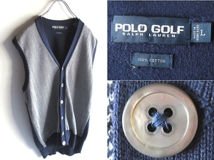 希少 ビンテージ POLO GOLF RALPH LAUREN ポロゴルフ ラルフローレン ヘリンボーン柄 コットンニットベスト L ネイビー ホワイト 紺 白