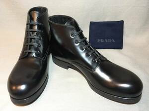 新品 プラダ レースアップ レザー ブーツ 10 PRADA 革靴 黒 ブラック シューズ