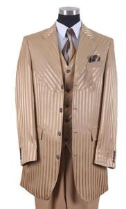 2915)ZOOT SUITS ズートスーツ ベージュ 茶系 46L40W 新品 ストライプ 縦縞 ステージ 衣装 冠婚葬祭