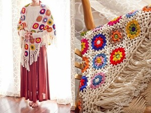 【ハンドメイド】かぎ針編み お花 モチーフ★手作り/手編み/編み物/鍵編み★ショール★肩掛け/ポンチョ 母の日