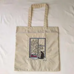 【新品】トートバッグ　ベージュ　刺繍　猫　マチ無し　軽量　A4収納可