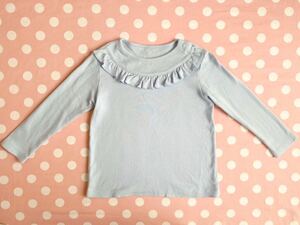 ユニクロベビー90cm UNIQLOBABY長袖Tシャツ 胸元フリル サックスブルー 水色 女の子ロンT 保育園お着替え 2.3歳着やすい子供服