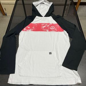 ボルコム volcom フード、ポケット付き 長袖 Tシャツ 黒 ブラック Mサイズ 使用感のあるくすんだ白 ホワイト（洗濯済み パーカー