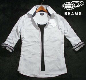 新品ラス1 Ｍ ▼ ビームス BEAMS HEART ▼ 前立て 紺赤ライン 袖すそ裏 ボーダー 春夏 ７分袖シャツ メンズ Ｍ SAX サックス 水色