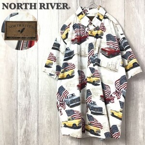 ★アメリカ直輸入★正規品★【NORTH RIVER ノースリバー】星条旗 アメ車 プリント 半袖 ボタンダウンシャツ[メンズ L]白 アメリカ K-700