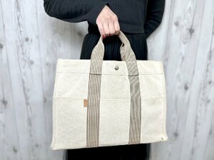 美品 HERMES エルメス ニューフールトゥMM トートバッグ ハンドバッグ バッグ キャンバス 茶系 A4収納可 メンズ 77814