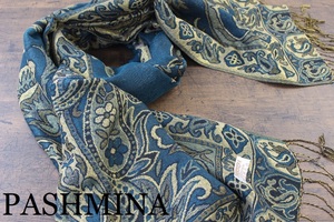 新品【パシュミナ Pashmina100％】金糸織 ペイズリー薔薇柄 エメラルドグリーン×ゴールド 青×金 E.BLUE×GOLD 大判 ストール