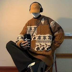 メンズニット セーター 防寒 メンズ 編みニット 長袖 男性 秋冬 ゆったり トップス コーヒー L mzm215