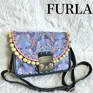 美品 FURLA メトロポリス ポンポン ショルダーバッグ 花柄 マルチカラー フルラ